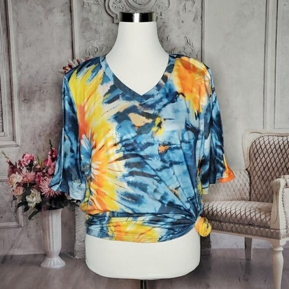 TIE Dye Women's Blue Orange Yellow V-Neck Short Sleeve T-Shirt Top Size Medium - Picture 3 of 10